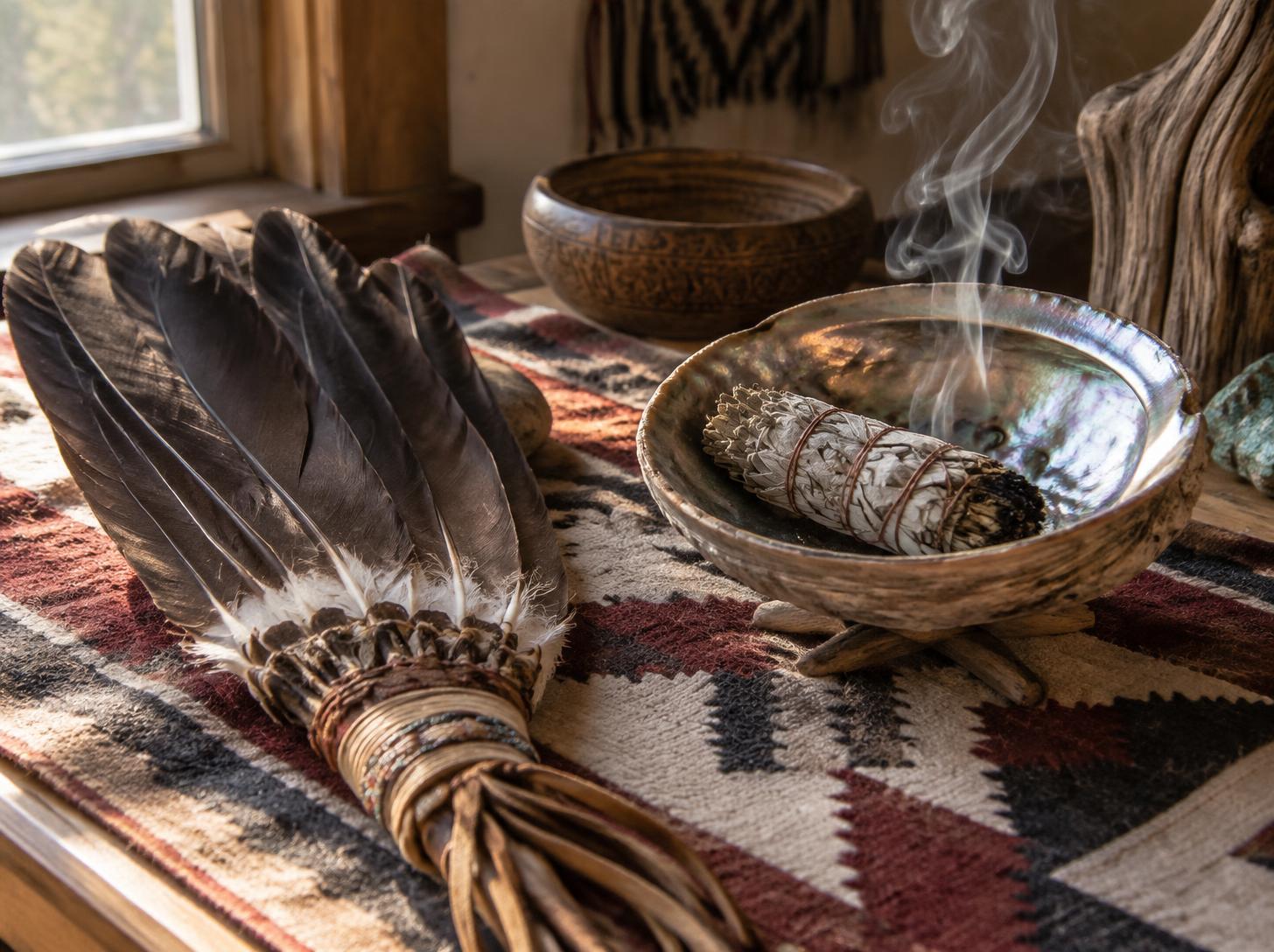 Altar de herencia nativa americana con abanico de plumas y salvia