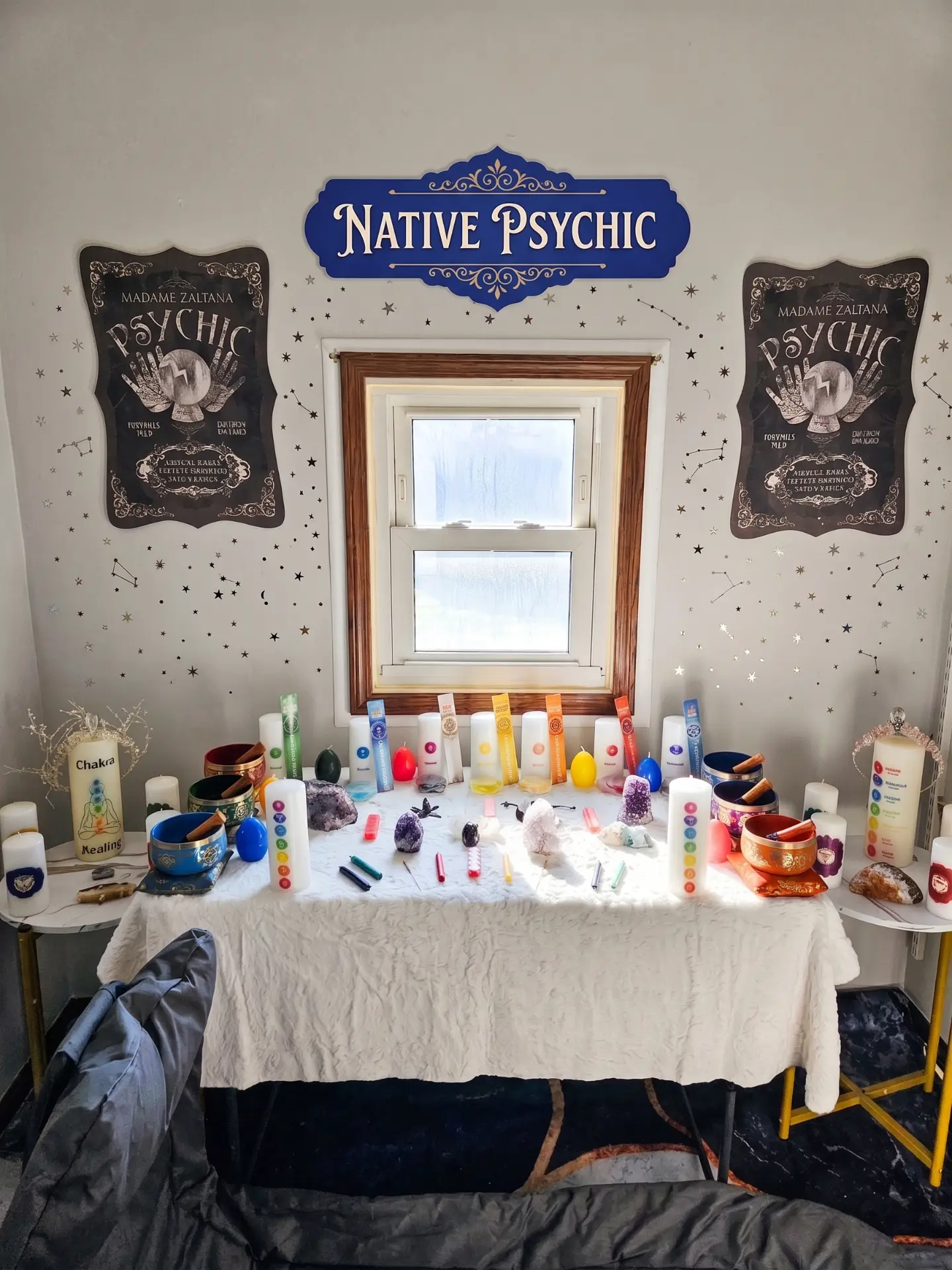 Sala de lectura de Native Psychic con velas, cuencos y cristales
