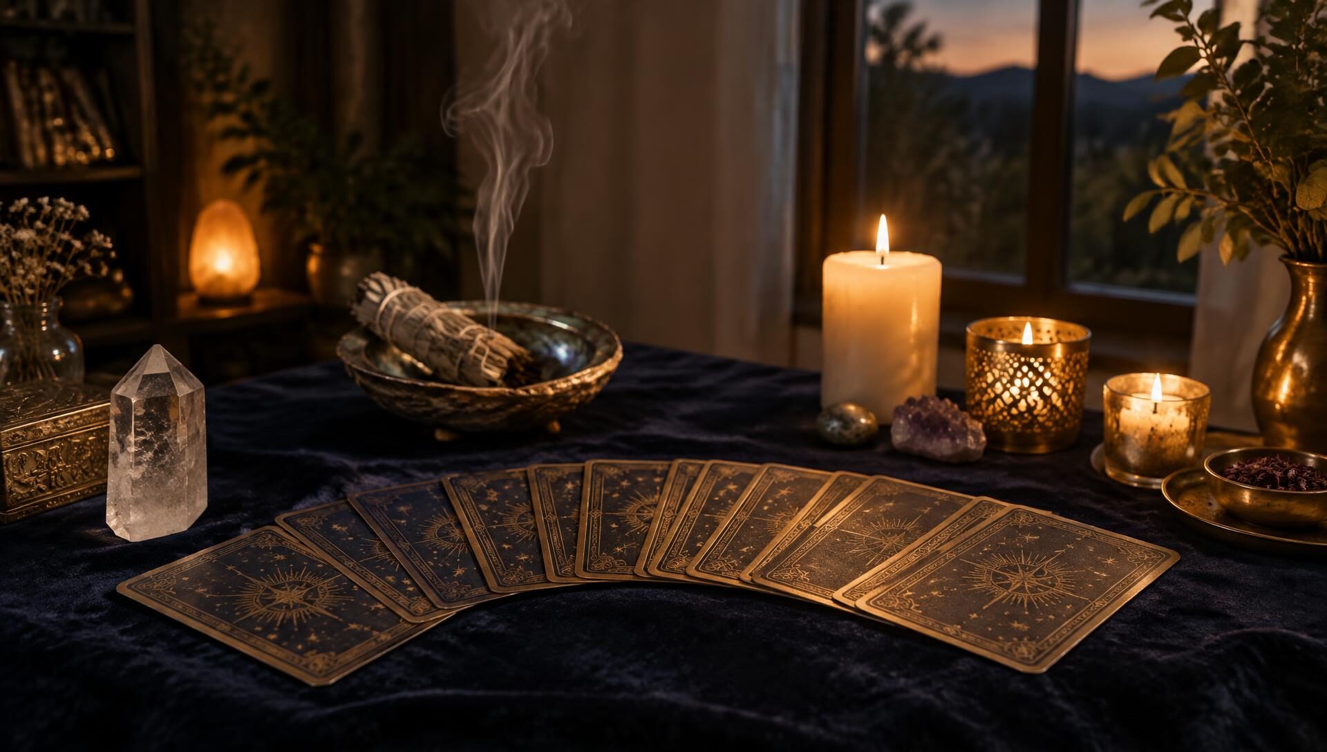 Mesa de lectura de tarot a la luz de las velas con salvia y cuarzo